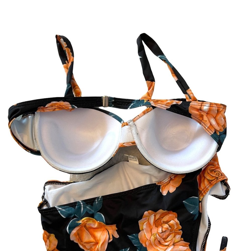 Luxyville black floral high waist 2 piece bikini swimsuit women's size L - Picture 11 of 14